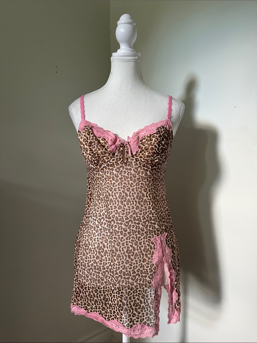 GEORGE Cheetah Print Pink Lace Sheer Sexy Romantic Costume Lingerie Slip Medium